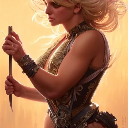 Image similar to beautiful britney spears, western, closeup, d & d, fantasy, intricate, elegant, highly detailed, digital painting, artstation, concept art, matte, sharp focus, illustration, art by artgerm and greg rutkowski and alphonse mucha