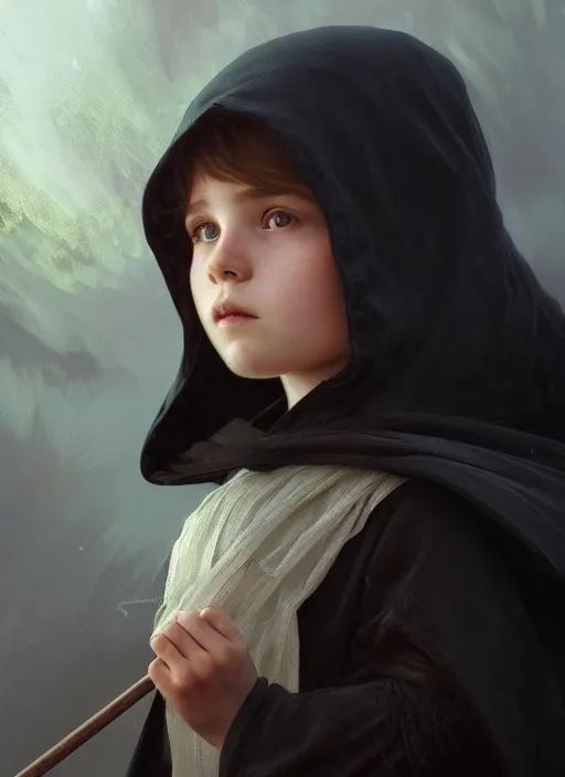 Image similar to perfectly - centered - portrait of a kid wearing black cloak holding stick, intricate, highly detailed, digital painting, artstation, concept art, smooth, sharp focus, illustration, unreal engine 5, 8 k, art by artgerm and greg rutkowski and alphonse mucha