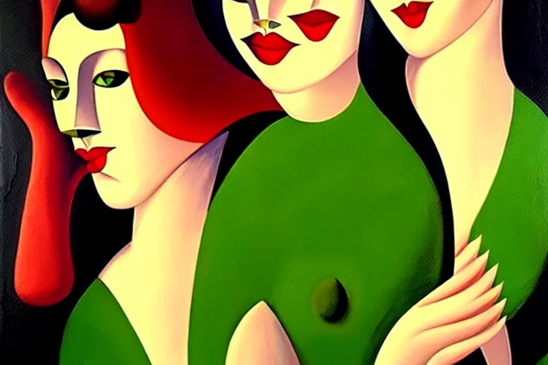 Prompt: a painting of two cats with red lips ina an emerald city, an art deco painting by tamara lempicka, featured on deviantart, figurative art, art deco, detailed painting, airbrush art