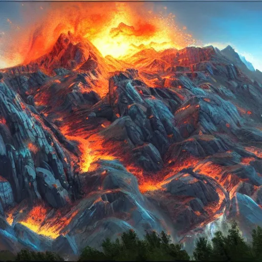 Prompt: incredible gorgeous beautiful mountainside being pulverized by a massive combat mech colossal robotic explosion particles dust inferno fire by greg rutowski and james gurney artstation hyperrealism 8 k