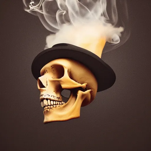 Image similar to hyperrealistic skull wearing a top hat surrounded by smoke, smoke pouring out of its mouth,