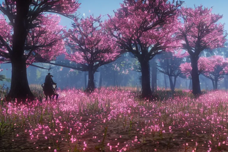 Prompt: A Cherry Blossom forest in Red Dead Redemption 2