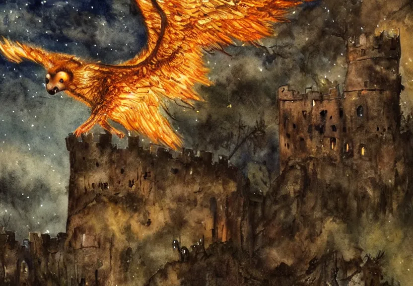 Image similar to legendary fire winged possum flying over a medieval forest castle at night under the dark starred sky, dark fantasy, watercolor, dreaming illusion, highly detailed, 4k, trending on Artstation