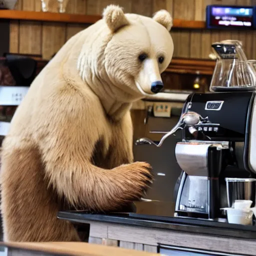 Image similar to a realistic photo of a bear making coffee in a coffee shop