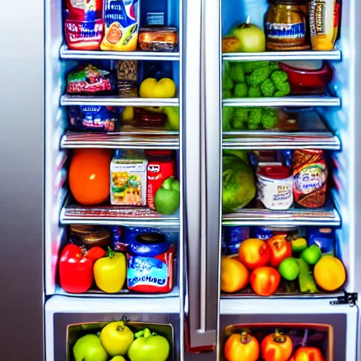 Prompt: fridge full of food, highly detailed, high quality, HD, 4k, 8k, Canon 300mm, professional photographer, 40mp, lifelike, top-rated, award winning, realistic, sharp, no blur, edited, corrected, trending