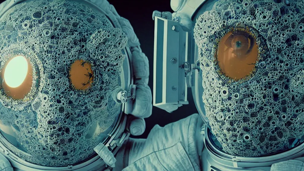 Image similar to a single astronaut eva suit interwoven with diamond 3d fractal lace iridescent bubble 3d skin and covered with insectoid compound eye camera lenses floats through the living room, film still from the movie directed by Denis Villeneuve with art direction by Salvador Dalí, wide lens,