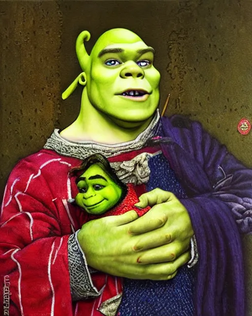 Prompt: Shrek as an event companion, painting by Chie Yoshii. Cinematic.