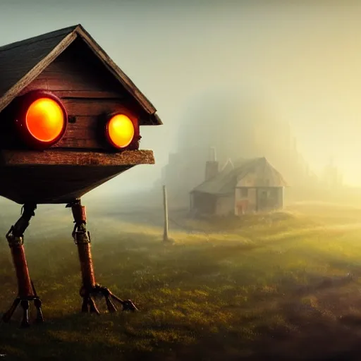 Image similar to a walking wood house with two mechanical legs and two glowing eyes and two hands, rust, hyperrealistic, pareidolia, highly detailed, cinematic, single ray of sun, fog, city in background, beautiful, cgssociety, artstation, 8 k, oil painting