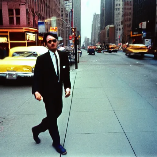 Prompt: portrait of a man walking in a suit in the streets of new york, 1 9 6 0 s, street photography taken with ektachrome, featured on flickr, photographed on expired film