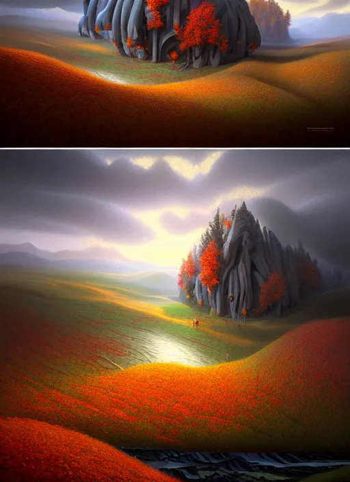 Image similar to a hyper - detailed 3 d render like a oil painting of fall in the low - poly hills, surrealism!!!!! surreal concept art, lifelike, photorealistic, digital painting, aesthetic, smooth, sharp focus, artstation hd, by greg rutkowski, chris tulloch mccabe, valentina remenar, krenz cushart and asher duran,