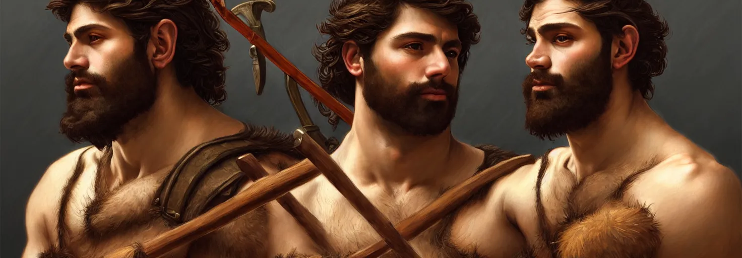 Image similar to renaissance upper body portrait of a gruff ranger with a spear, Persian, lean and toned, handsome face, hairy chest, D&D, intricate, elegant, highly detailed, digital painting, artstation, concept art, matte, sharp focus, illustration, art by da Vinci, Artgerm and Greg Rutkowski and Alphonse Mucha