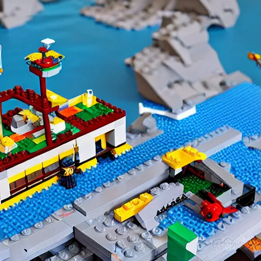 Prompt: lego mystery city on a floating rock