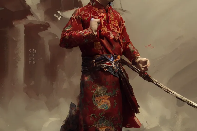 Image similar to Character design of traditional chinese costumes, muscular, cinematic lighting, dramatic atmosphere, by Craig Mullins, 4k resolution, trending on artstation