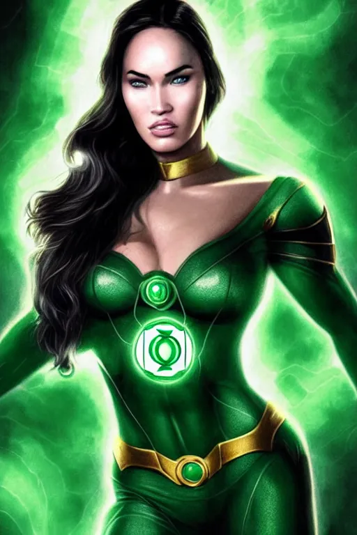 Image similar to Majestic and regal portrait of Megan Fox female Green Lantern, DC universe, Perfect face, beautiful, intricate, epic, elegant, menacing, fantasy, highly detailed, digital painting, hard focus, beautiful volumetric lighting, epic light, ultra detailed, by Leesha Hannigan, Ross Tran, Thierry Doizon, Kai Carpenter, Ignacio Fernández Ríos