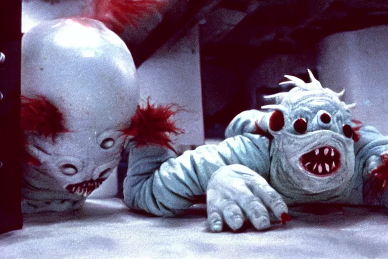 Prompt: scary filmic wide shot angle movie still 35mm film color photograph of a disturbing and horrifying creature scene from The Thing 1982 in the style of a horror film