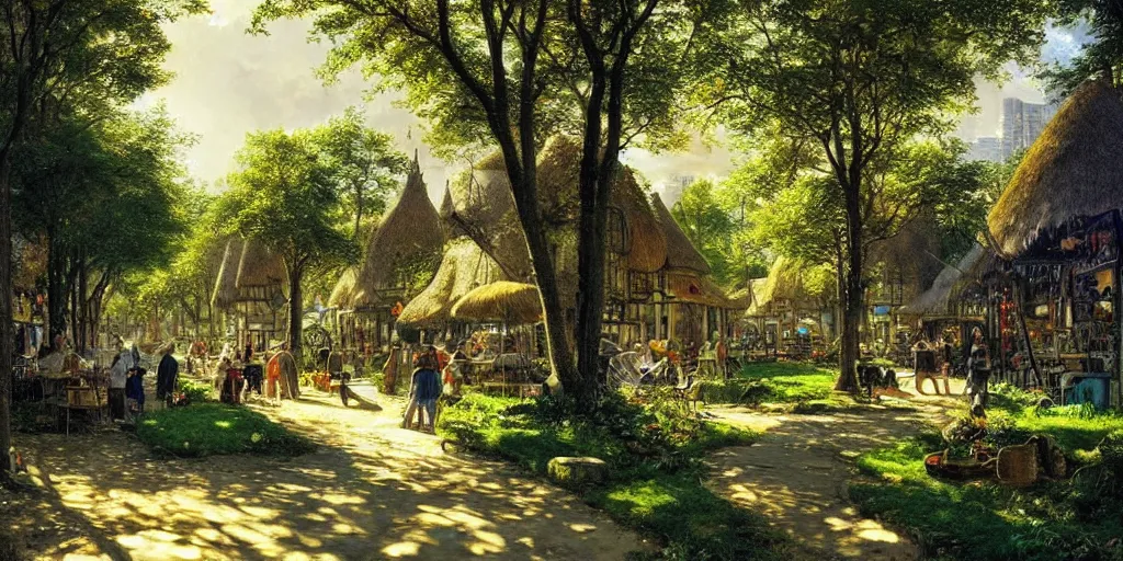 Image similar to a cozy fantasy city in a shaded forest, marketplace, thatched houses, yellow and greens, sun rays, peaceful james gurney