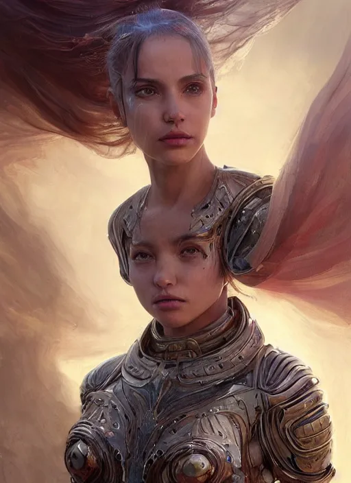 Image similar to a professional painting of a beautiful young female alien, clothed in ethereal armor, olive skin, long dark hair, beautiful bone structure, symmetrical facial features, intricate, elegant, digital painting, concept art, smooth, sharp focus, illustration, from Valerian and the City of a Thousand Planets, by Ruan Jia and Mandy Jurgens and Artgerm and William-Adolphe Bouguerea