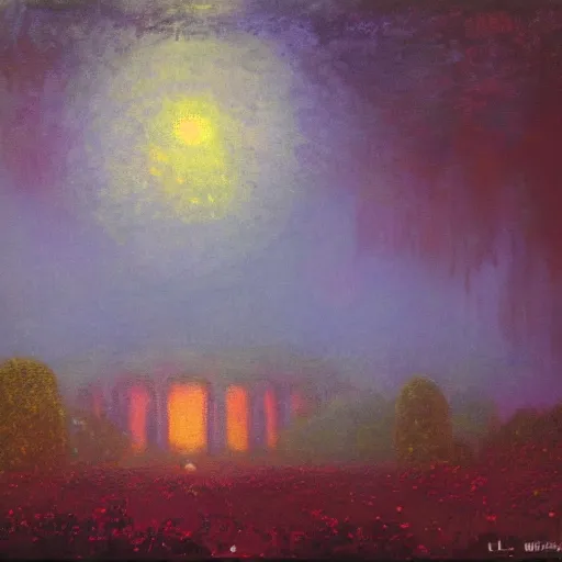 Prompt: mystical kew gardens, mist, full moon, by paul lehr, monet