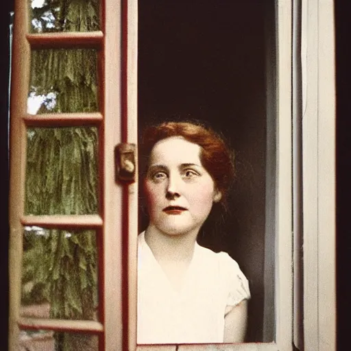 Prompt: a vintage 1 9 1 0 s kodachrome slide of a young woman at home looking out a window.