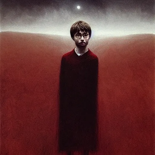 Prompt: Daniel Radcliffe as Harry Potter in style of Beksinski, eldritch priest, mage