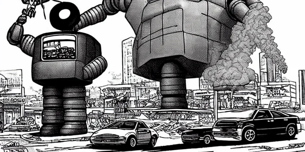 Prompt: Giant robot walking down a street while eating a massive glazed donut almost as big as the robot, on top of one of the buildings is another giant donut and a building is on fire and smoking and a crushed car is under the foot of the giant robot by Richard Corben