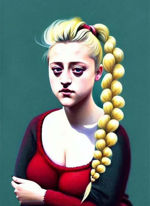 Image similar to full body portrait, teenage lili reinhart, blonde hair, obese, bangs, ponytail, sultry, realistic, sweater, fluffy bangs, fully clothed, curly bangs, fat, belly, intricate, elegant, highly detailed, digital painting, artstation, concept art, smooth, sharp focus, illustration, art by wlop, mars ravelo and greg rutkowski