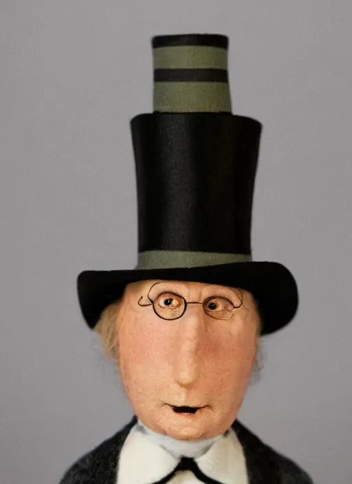 Image similar to portrait photo still of real life mr garrison with mr hat hand puppet with a striped top hat, 8 k, 8 5 mm, f. 1 4