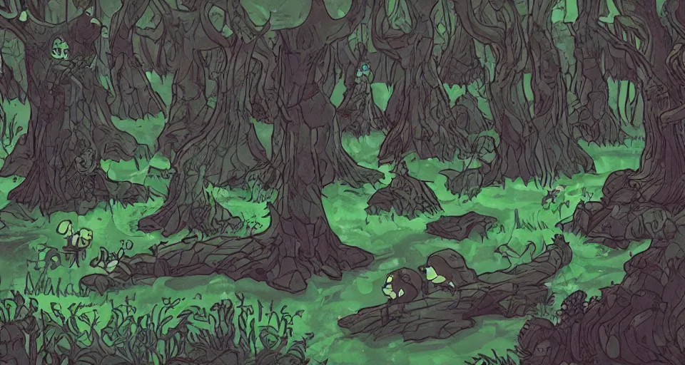 Prompt: A dense and dark enchanted forest with a swamp, by Rebecca Sugar