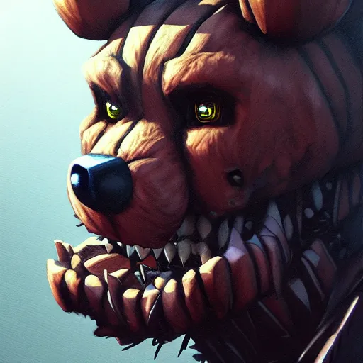 Image similar to commission of freddy fazbear,realistic,hyperdetailed,photorealistic,detailed face,art by greg rutkowski,trevor henderson,ross tran,artstation,deviantart,4k,western comic style,sharp lineart,professional lighting,professional shading,eerie,scary atmosphere