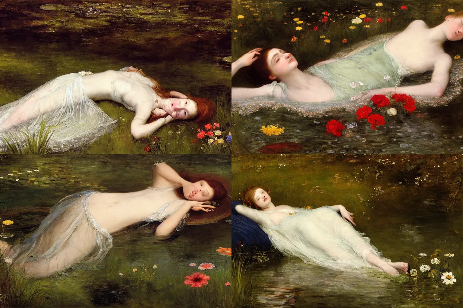 Prompt: a virtuosic portrait of a beautiful young drowned ophelia, floating relaxed, immersed in the dark waters of a river with closed eyes, surrounded by high green grass and many fine flowers, wearing a nicely crafted antique dress, by sir john everett millais, realistic, hyperdetailed, ethereal, sad, masterpiece, oil painting