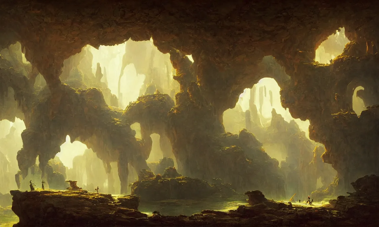 Image similar to A beautiful cave with an arena stage by Simon Stålenhag and Albert Bierstadt, oil on canvas, with a dragon flying above the temples