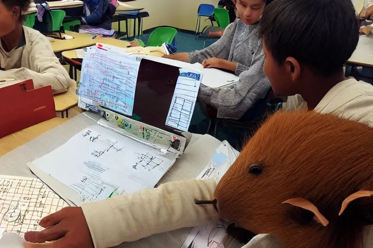 Prompt: “a teacher in a classroom teaching capybaras how to do math, National Geographic, award winning photo, 8k”