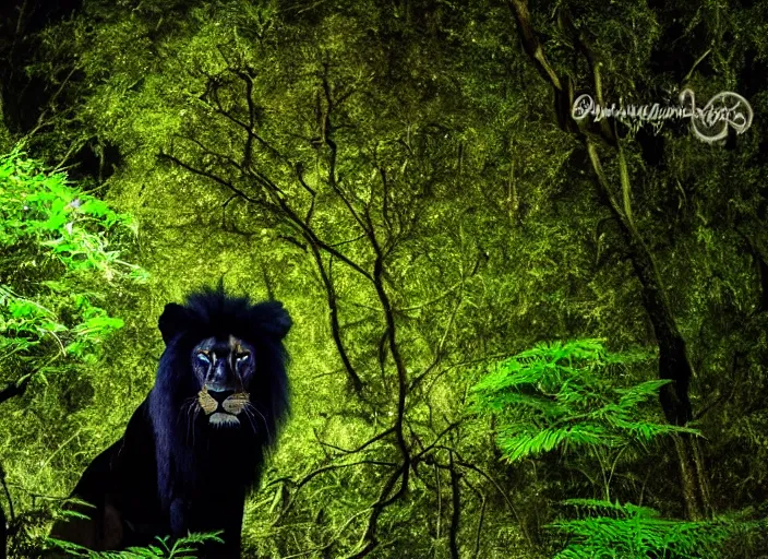 Image similar to professional wildlife photograph of a black lion standing in a dark jungle at night, surrounded by dense dark trees, moss, ferns, cinematic lighting, apex predator, natgeo