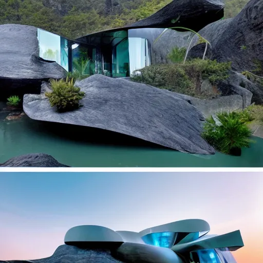 Image similar to a futuristic modern house, on a floating rock island, alien planet covered in water, multiple waterfalls, multiple moons glowing, stars, frank gehry