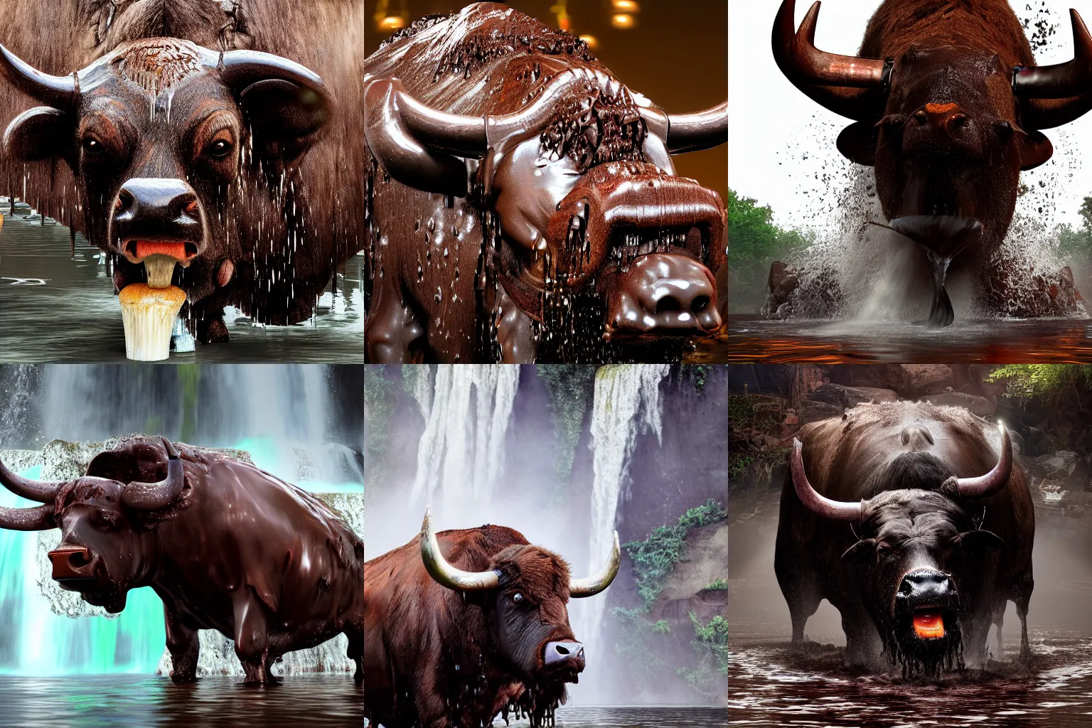 Prompt: A waterfall of liquid chocolate falling into the mouth of an enraged cyborg water buffalo, realistic, detailed, photograph, nature, future, cyberpunk