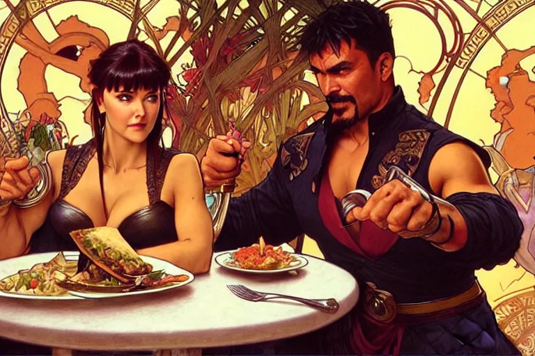 Image similar to xena warrior princess eating at a restaurant, with a hispanic man in a suit as her companion, art by artgerm and greg rutkowski and alphonse mucha