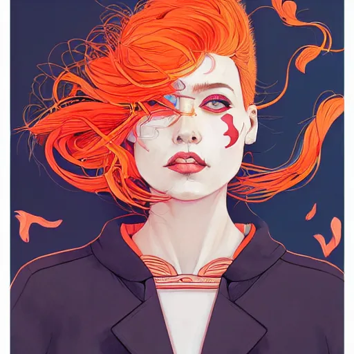 Image similar to portrait painting of a trendy woman with swept back wild orange hair, fashionable, windy, face paint, sharp focus, award - winning, trending on artstation, masterpiece, highly detailed, intricate. art by josan gonzales and moebius and deathburger