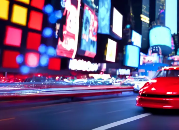 Image similar to film still of a giant ladybug driving a car through time square in a sci - fi movie, 8 k