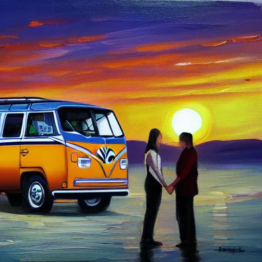 Prompt: beautiful oil painting of a volkswagen van with the number 1 3 and a couple embracing watching a sunrise