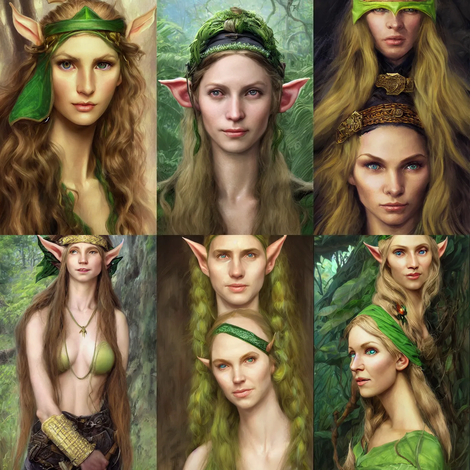 Prompt: Face portrait of a gorgeous Elf lady, long golden hair, jungle ranger attire, pale skin, light green eyes, small nose, pretty smile, black headband, Alone, no extra characters, pointy ears high fantasy, by Joseph Christian Leyendecker, by donato giancola, matte painting, rending on artstation, artstationHD, artstationHQ, no extra characters, no extra arms, no extra hands, HD 8K