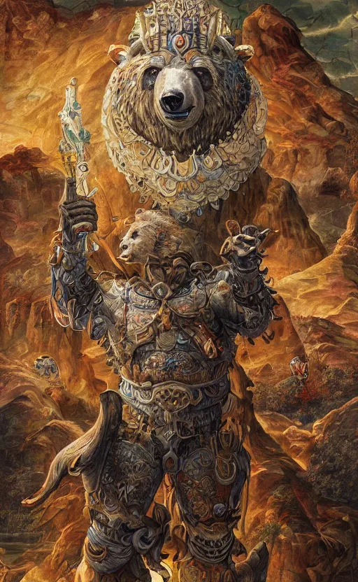 Image similar to mural of a bear beast-man, sci fi weapon, royal ornaments, reaching towards the heavens, sci fi world, holy imagery, highly detailed, beautiful colors, renaissance mural, mural in the style of sandro boticceli, sandro boticceli
