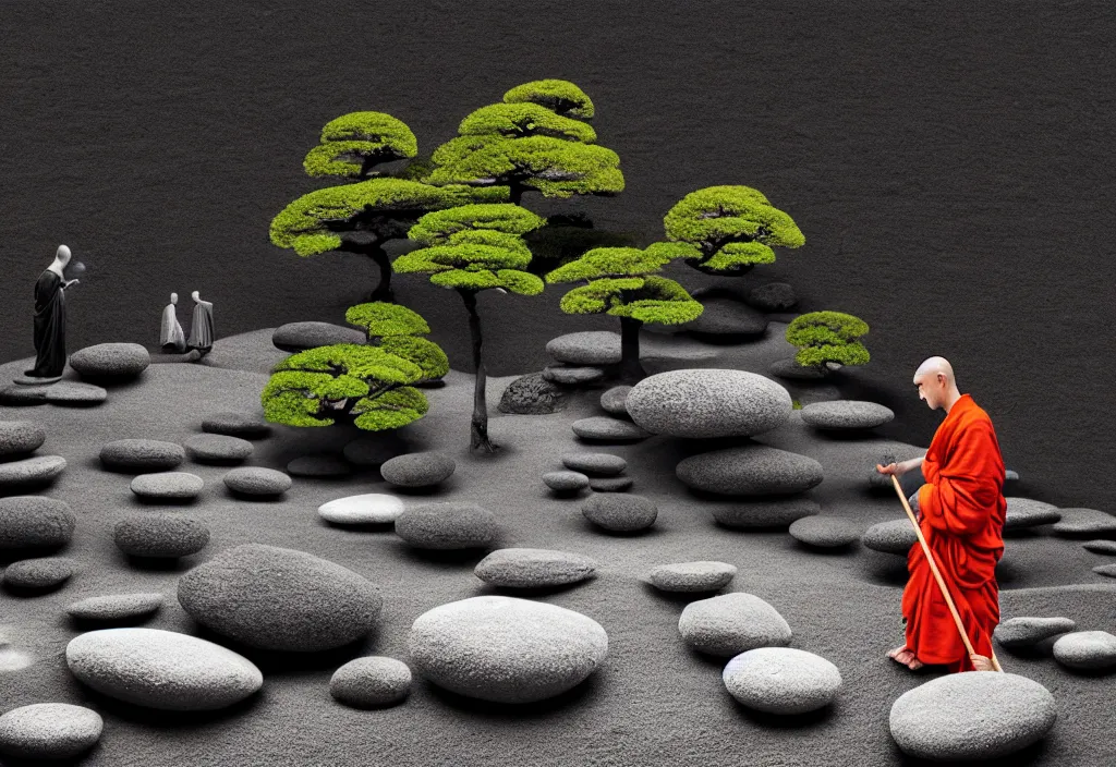 Prompt: portrait of a lone monk raking stones in a beautiful serene zen garden kyoto, japan, a collage painting, in the style of wes anderson, lola dupre, david hockney, isolated on negative white space background dark monochrome fluorescent neon spraypaint accents volumetric octane render