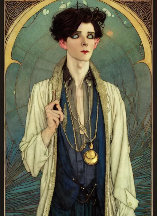 Image similar to edmund dulac, leyendecker, highly detailed portrait, a beautiful androgynous young ron wood, long hair, tall and thin, wearing several pendants, art nouveau, stephen bliss, unreal engine, by greg rutkowski, loish, ferdinand knab, ilya kuvshinov, rossdraws, tom bagshaw, alphonse mucha, global illumination, radiant light