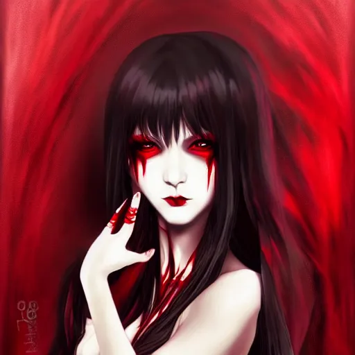 Prompt: beautiful seductive female vampire, draining blood from wrist, highly detailed, painting, dark red and black color palette, intricate, high quality, anime artstyle, in the style of sana takeda