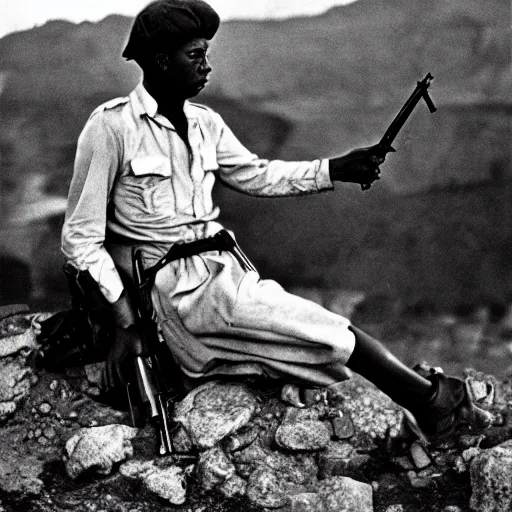 Image similar to Falling soldier by Robert Capa, militia, white shirt, rifle, extended arms, hillslope, 1936