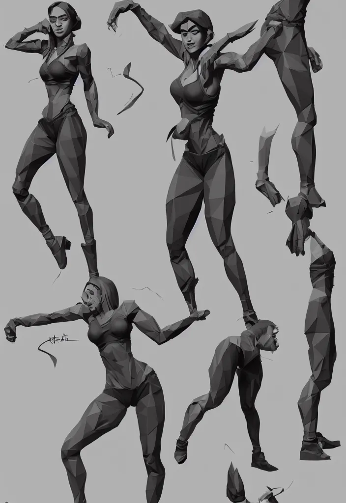 Image similar to amazing stylized random sketches of a young and strong girl by Artgerm, concept art, full body with dynamic pose and correct anatomy, low-poly digital art, octane render trending on artstation, 4k, 8k, HD