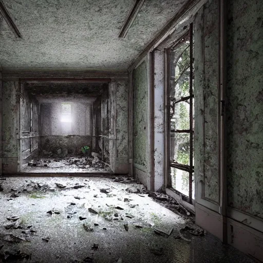 Prompt: abandoned hospital in the woods by Greg Rutkowski and Stanley Kubrick, trending on Artstation, octane render, dark, moody, foggy