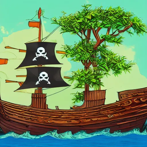 Prompt: single pirate ship that has a small green fruit tree in the middle of it, surrounded by water on all sides, bold complementary colours, 2D matte, graphic novel,