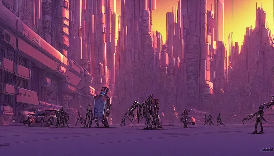 Image similar to metahumans and androids holding laser canons, fractals, cyberpunk city street, visual development by jean giraud and moebius, incal!!!!!!, dynamic lighting, daylight