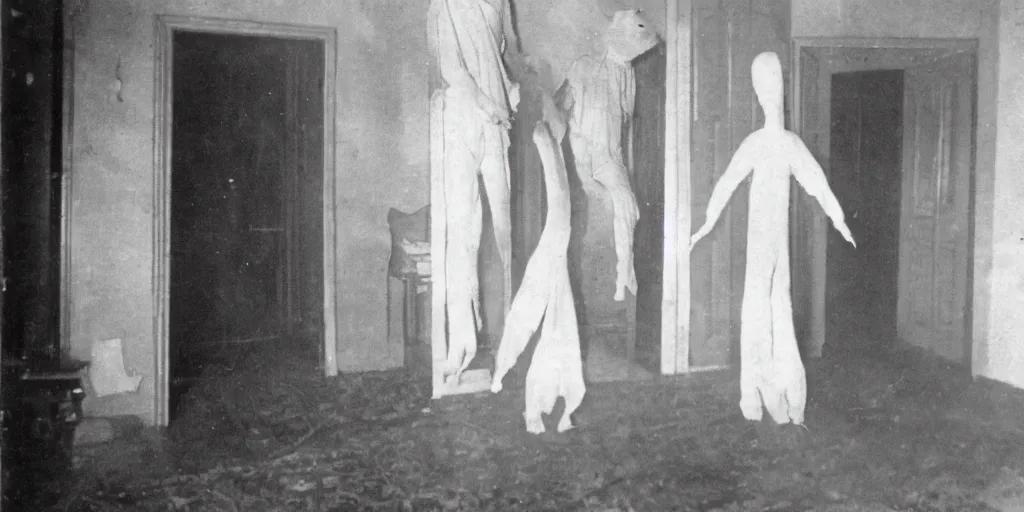 Image similar to scary unproportionable tall ghost creature inside a house crawling around, 1900s picture